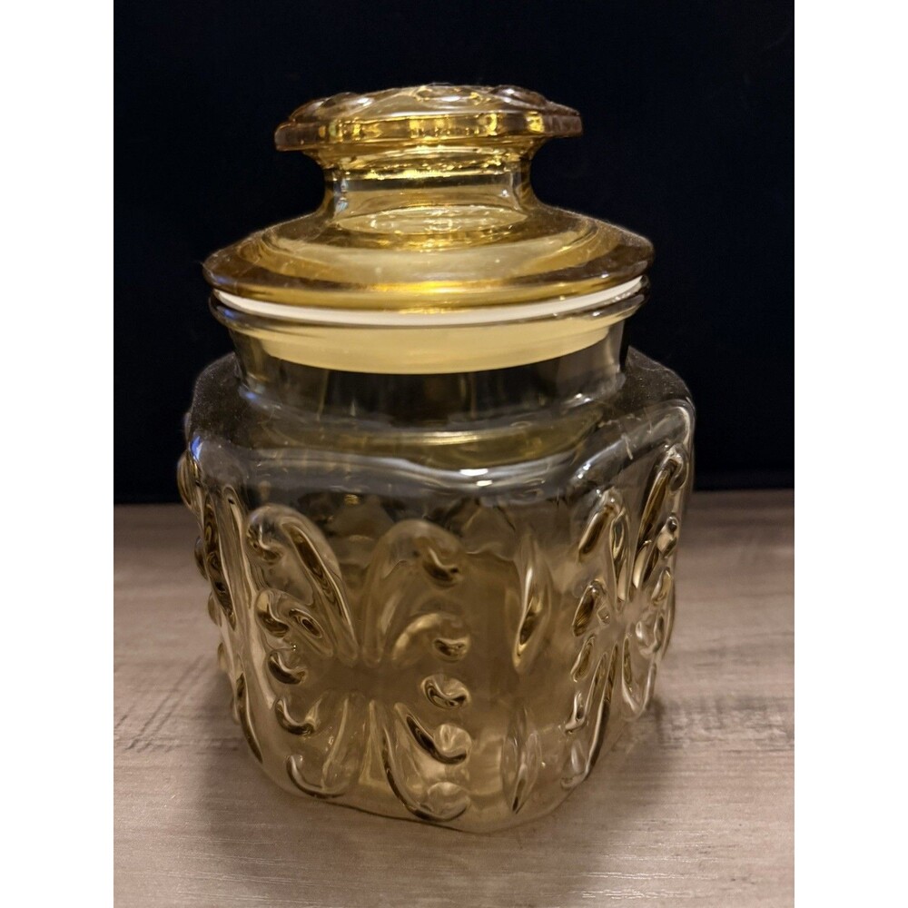 Vintage L.E Smith  Glass Canister Jar Amber Gold Atterbury Scroll Imperial 6”